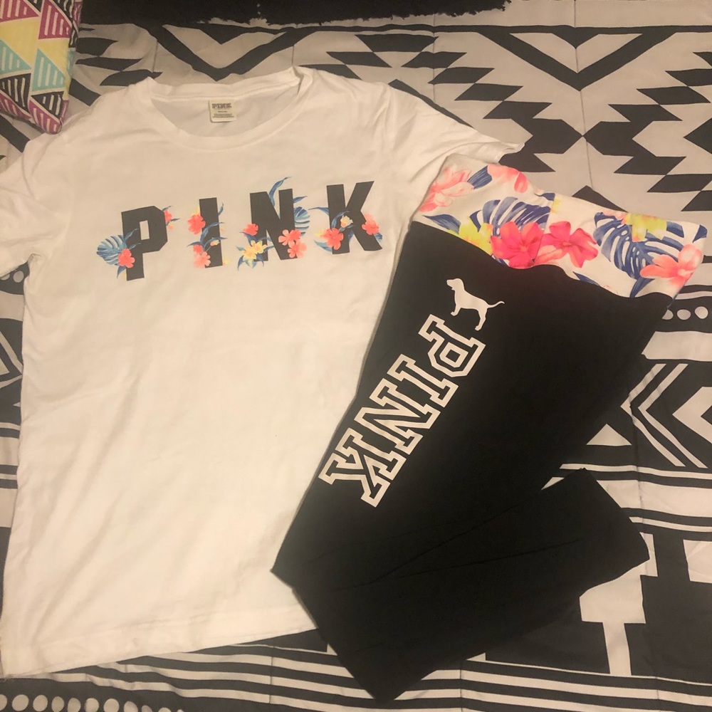 VS Pink Floral Tee and leggings